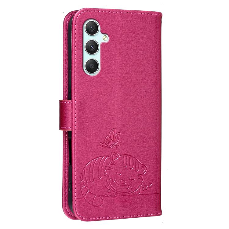 For Galaxy A34 5G Cat Butterfly Embossed RFID Vegan Leather Phone Case with Strap