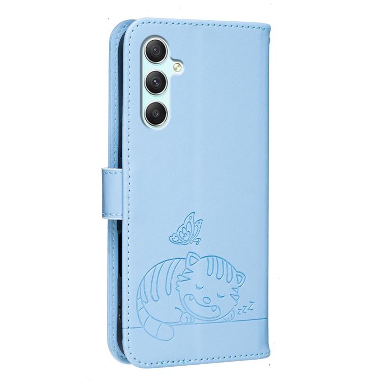 For Galaxy A34 5G Cat Butterfly Embossed RFID Vegan Leather Phone Case with Strap