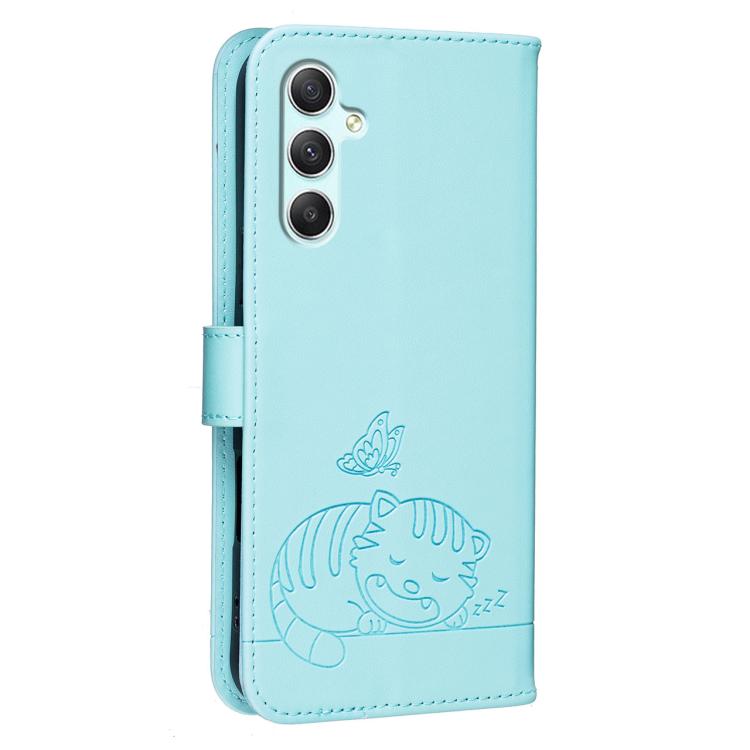 For Galaxy A34 5G Cat Butterfly Embossed RFID Vegan Leather Phone Case with Strap