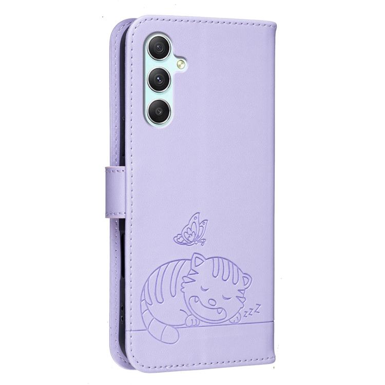 For Galaxy A34 5G Cat Butterfly Embossed RFID Vegan Leather Phone Case with Strap