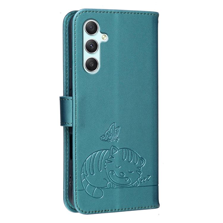 For Galaxy A34 5G Cat Butterfly Embossed RFID Vegan Leather Phone Case with Strap