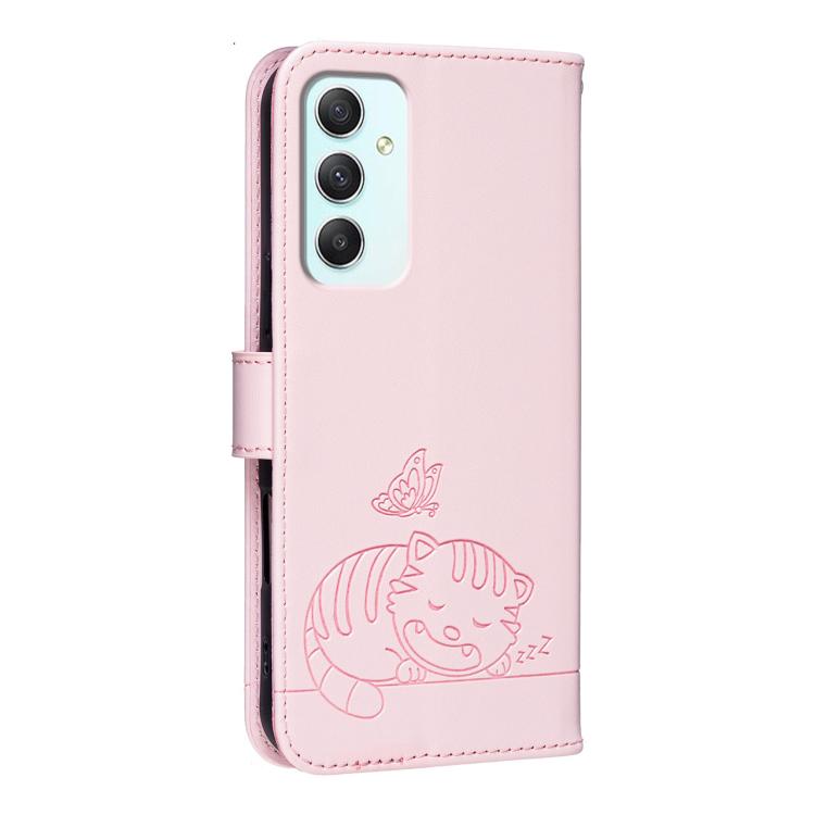 For Galaxy A35 5G Cat Butterfly Embossed RFID Vegan Leather Phone Case with Strap