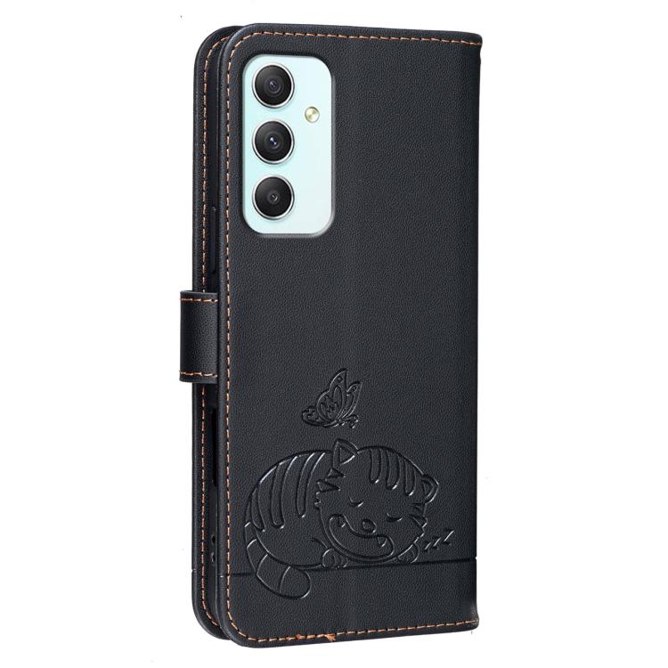 For Galaxy A35 5G Cat Butterfly Embossed RFID Vegan Leather Phone Case with Strap