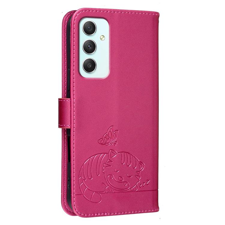 For Galaxy A35 5G Cat Butterfly Embossed RFID Vegan Leather Phone Case with Strap