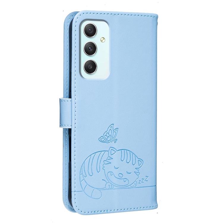 For Galaxy A35 5G Cat Butterfly Embossed RFID Vegan Leather Phone Case with Strap