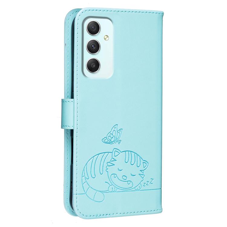 For Galaxy A35 5G Cat Butterfly Embossed RFID Vegan Leather Phone Case with Strap