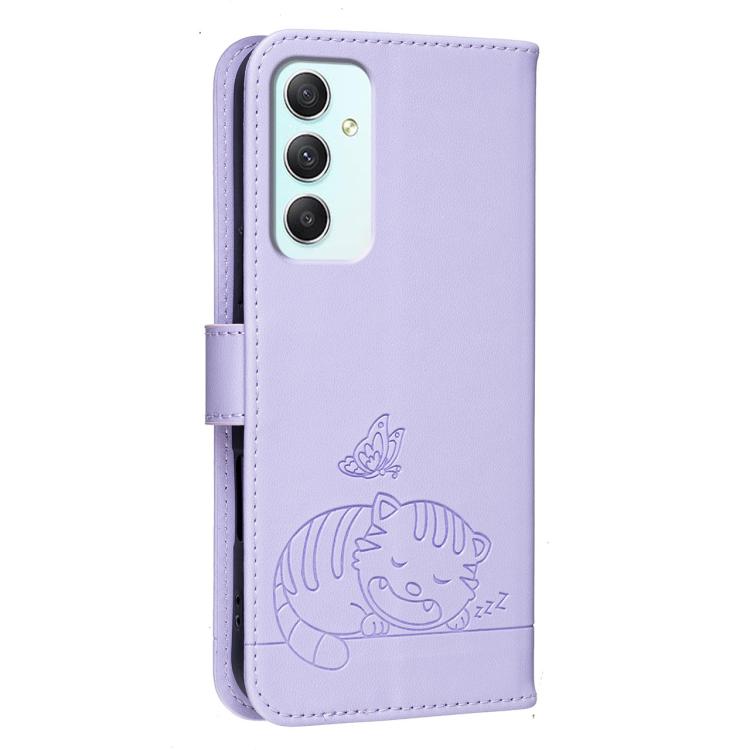 For Galaxy A35 5G Cat Butterfly Embossed RFID Vegan Leather Phone Case with Strap