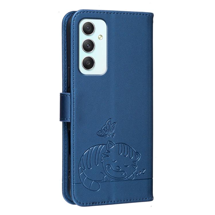 For Galaxy A35 5G Cat Butterfly Embossed RFID Vegan Leather Phone Case with Strap