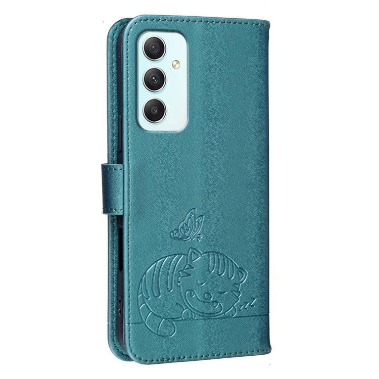 For Galaxy A35 5G Cat Butterfly Embossed RFID Vegan Leather Phone Case with Strap