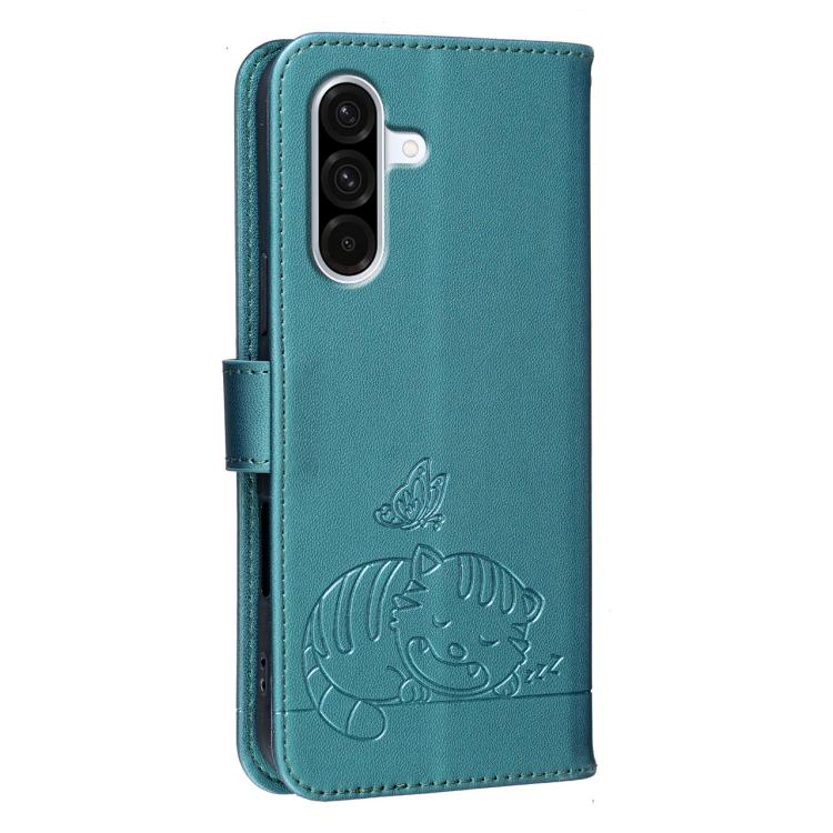 For Galaxy A36 5G Cat Butterfly Embossed RFID Vegan Leather Phone Case with Strap