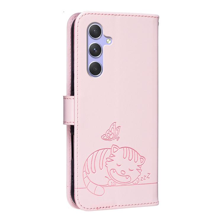 For Galaxy A54 5G Cat Butterfly Embossed RFID Vegan Leather Phone Case with Strap