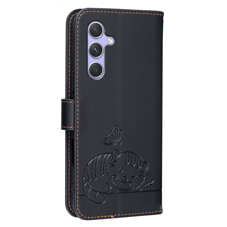 For Galaxy A54 5G Cat Butterfly Embossed RFID Vegan Leather Phone Case with Strap