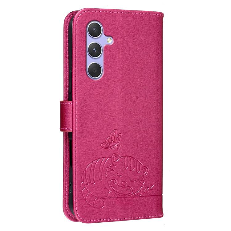 For Galaxy A54 5G Cat Butterfly Embossed RFID Vegan Leather Phone Case with Strap