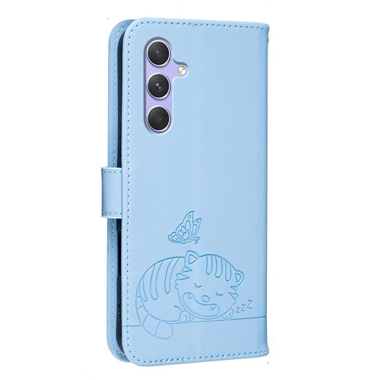 For Galaxy A54 5G Cat Butterfly Embossed RFID Vegan Leather Phone Case with Strap