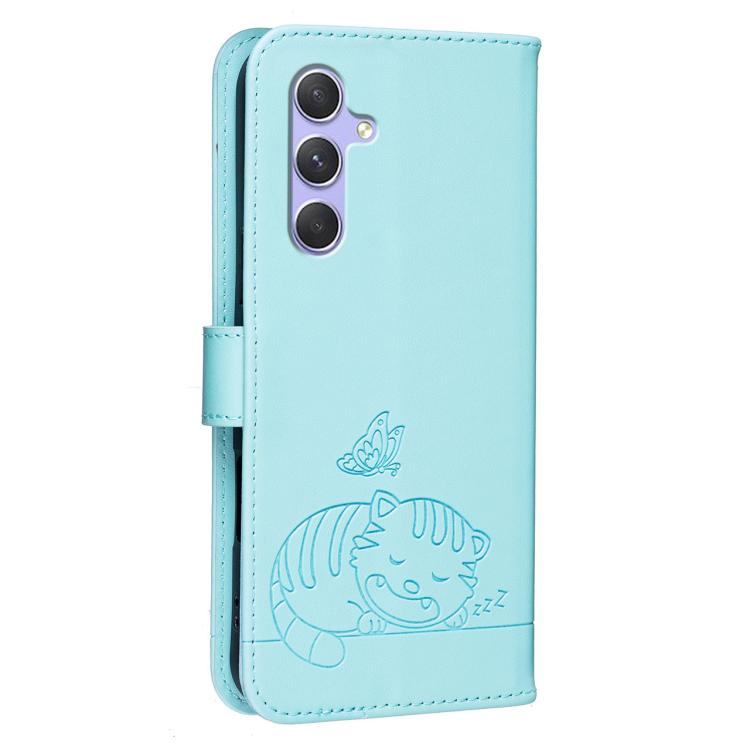 For Galaxy A54 5G Cat Butterfly Embossed RFID Vegan Leather Phone Case with Strap
