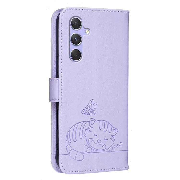 For Galaxy A54 5G Cat Butterfly Embossed RFID Vegan Leather Phone Case with Strap