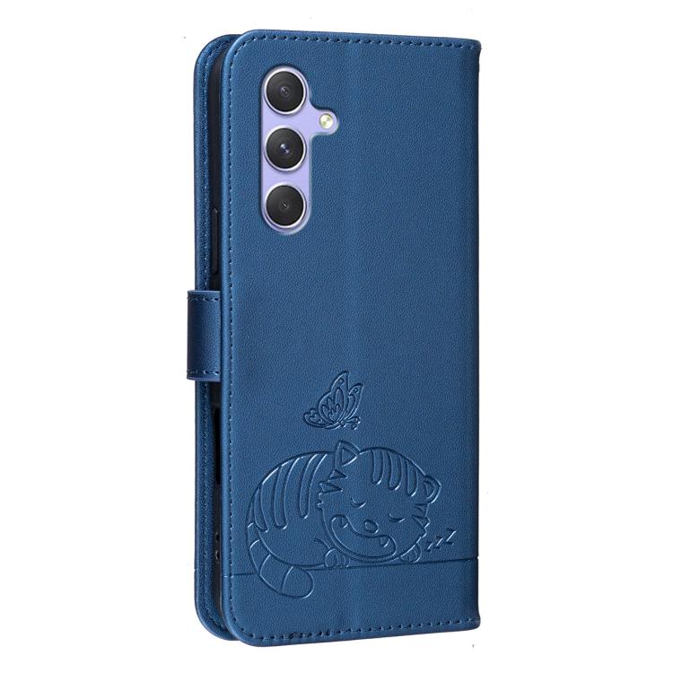 For Galaxy A54 5G Cat Butterfly Embossed RFID Vegan Leather Phone Case with Strap