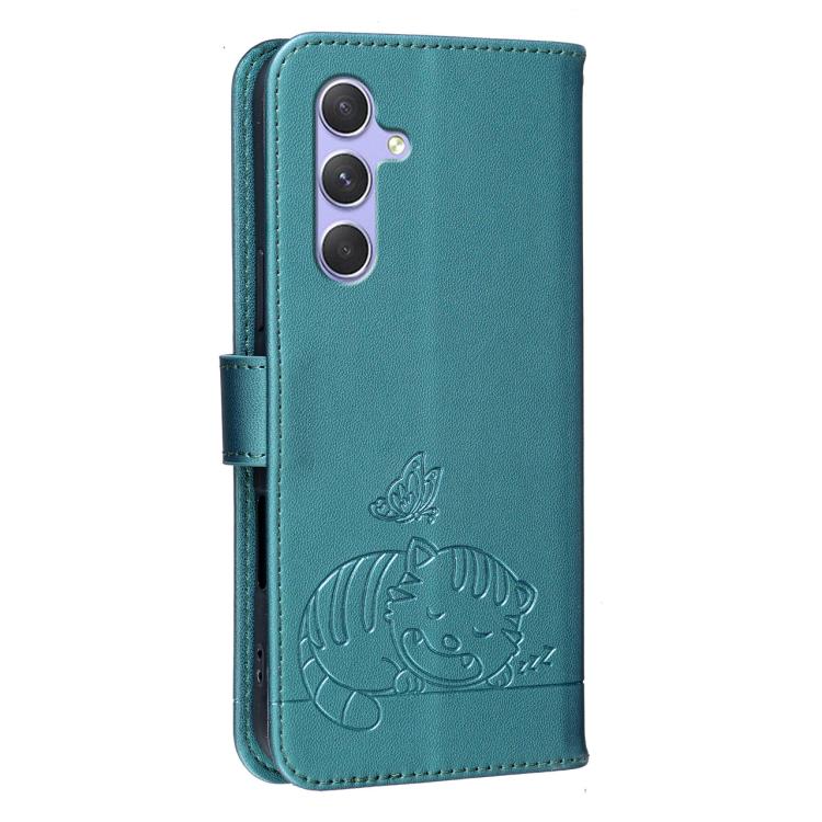 For Galaxy A54 5G Cat Butterfly Embossed RFID Vegan Leather Phone Case with Strap