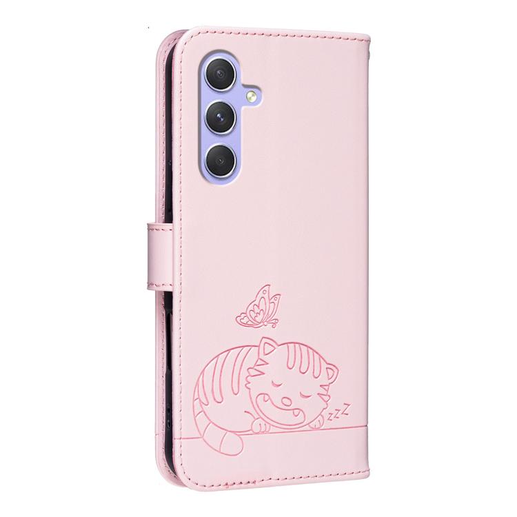 For Galaxy A55 5G Cat Butterfly Embossed RFID Vegan Leather Phone Case with Strap
