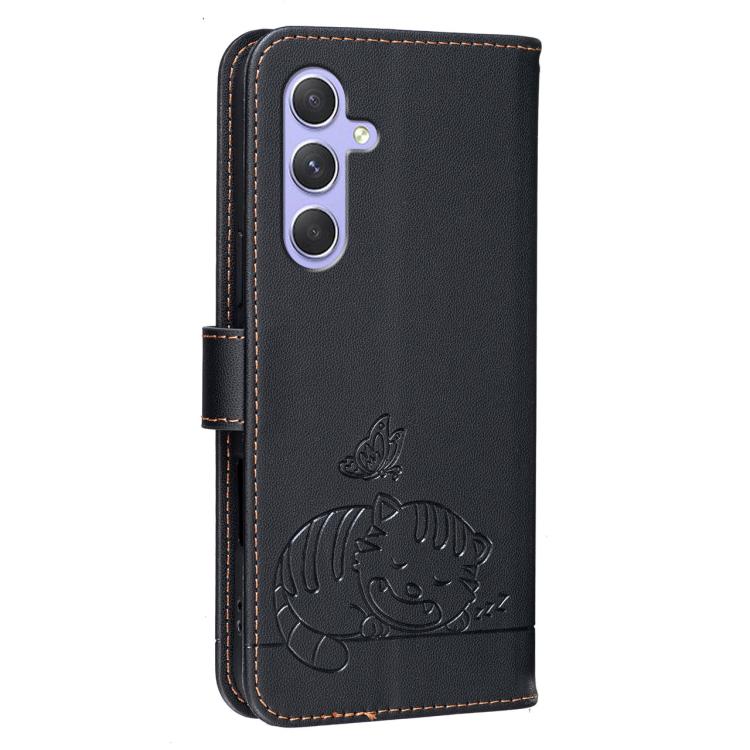 For Galaxy A55 5G Cat Butterfly Embossed RFID Vegan Leather Phone Case with Strap