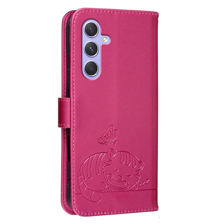 For Galaxy A55 5G Cat Butterfly Embossed RFID Vegan Leather Phone Case with Strap