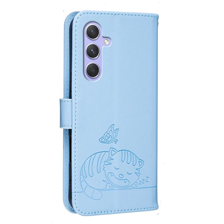 For Galaxy A55 5G Cat Butterfly Embossed RFID Vegan Leather Phone Case with Strap