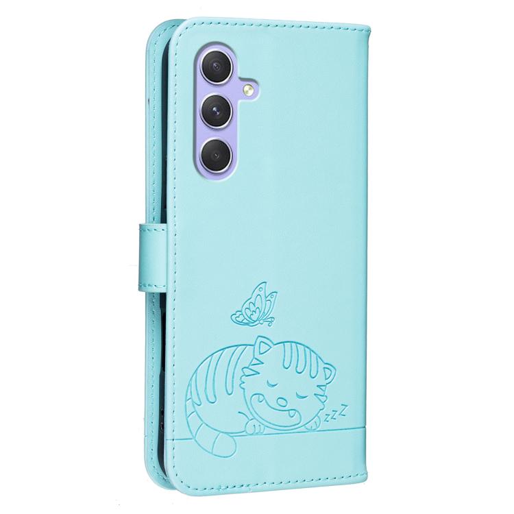 For Galaxy A55 5G Cat Butterfly Embossed RFID Vegan Leather Phone Case with Strap