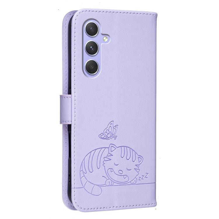 For Galaxy A55 5G Cat Butterfly Embossed RFID Vegan Leather Phone Case with Strap
