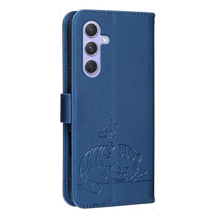 For Galaxy A55 5G Cat Butterfly Embossed RFID Vegan Leather Phone Case with Strap