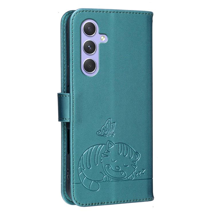For Galaxy A55 5G Cat Butterfly Embossed RFID Vegan Leather Phone Case with Strap