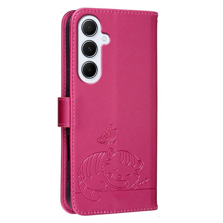 For Galaxy A56 5G Cat Butterfly Embossed RFID Vegan Leather Phone Case with Strap