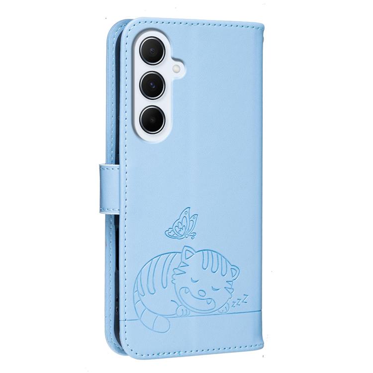 For Galaxy A56 5G Cat Butterfly Embossed RFID Vegan Leather Phone Case with Strap