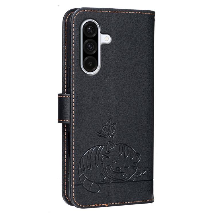 For Galaxy A37 5G Cat Butterfly Embossed RFID Vegan Leather Phone Case with Strap