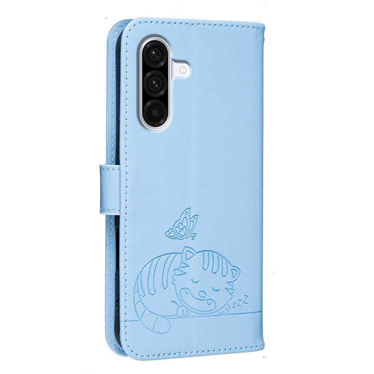 For Galaxy A37 5G Cat Butterfly Embossed RFID Vegan Leather Phone Case with Strap