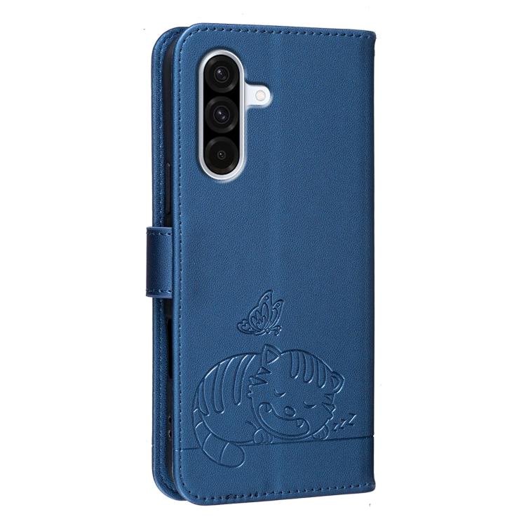 For Galaxy A37 5G Cat Butterfly Embossed RFID Vegan Leather Phone Case with Strap