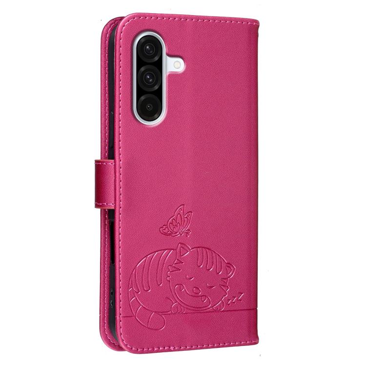 For Galaxy A57 5G Cat Butterfly Embossed RFID Vegan Leather Phone Case with Strap