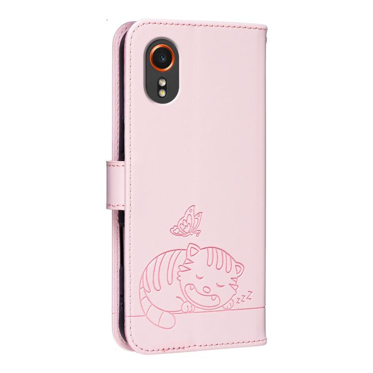 For Galaxy Xcover7 Cat Butterfly Embossed RFID Vegan Leather Phone Case with Strap