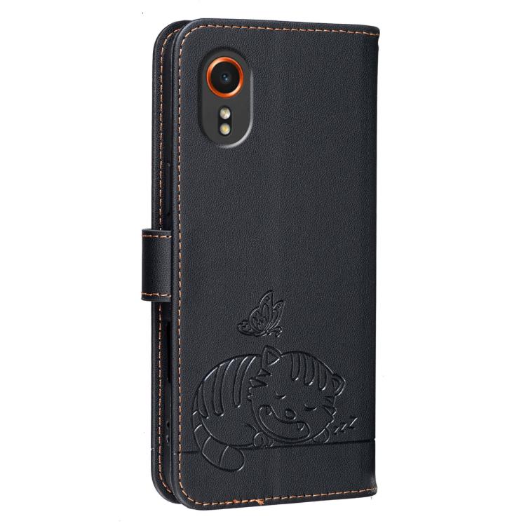 For Galaxy Xcover7 Cat Butterfly Embossed RFID Vegan Leather Phone Case with Strap