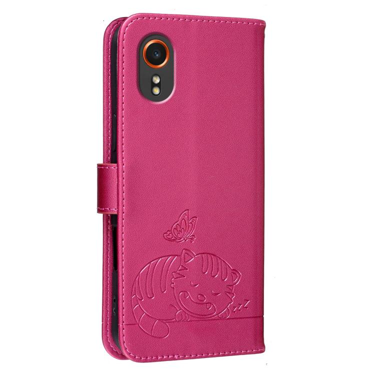 For Galaxy Xcover7 Cat Butterfly Embossed RFID Vegan Leather Phone Case with Strap
