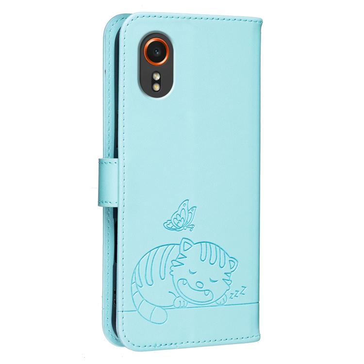 For Galaxy Xcover7 Cat Butterfly Embossed RFID Vegan Leather Phone Case with Strap