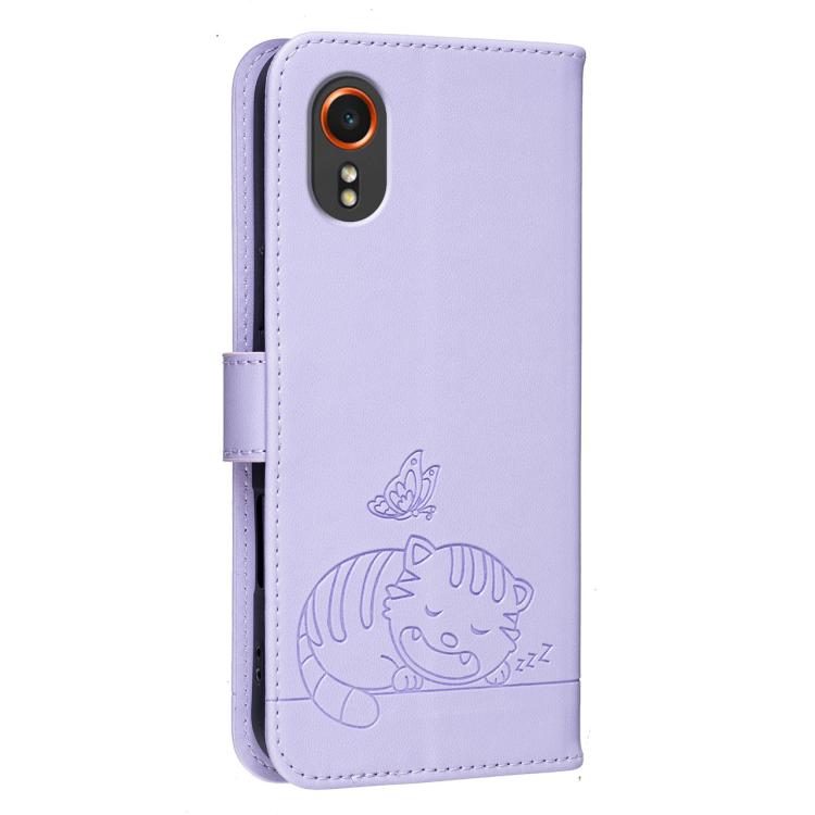 For Galaxy Xcover7 Cat Butterfly Embossed RFID Vegan Leather Phone Case with Strap