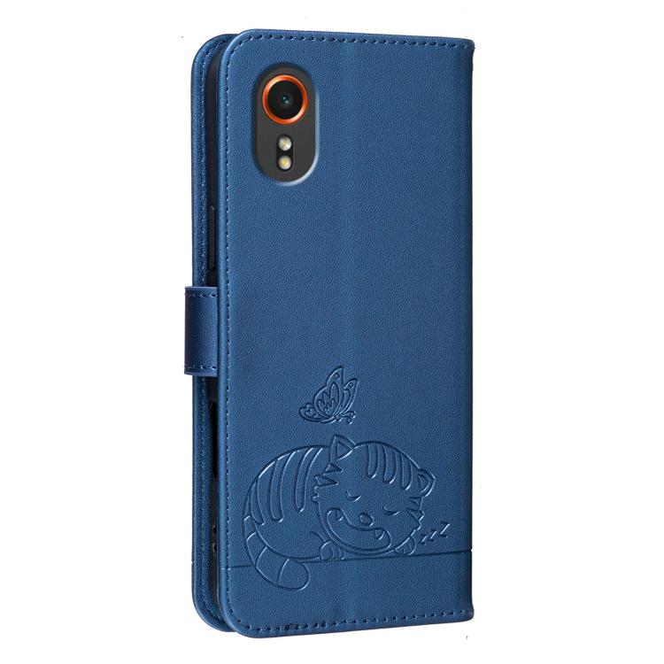 For Galaxy Xcover7 Cat Butterfly Embossed RFID Vegan Leather Phone Case with Strap