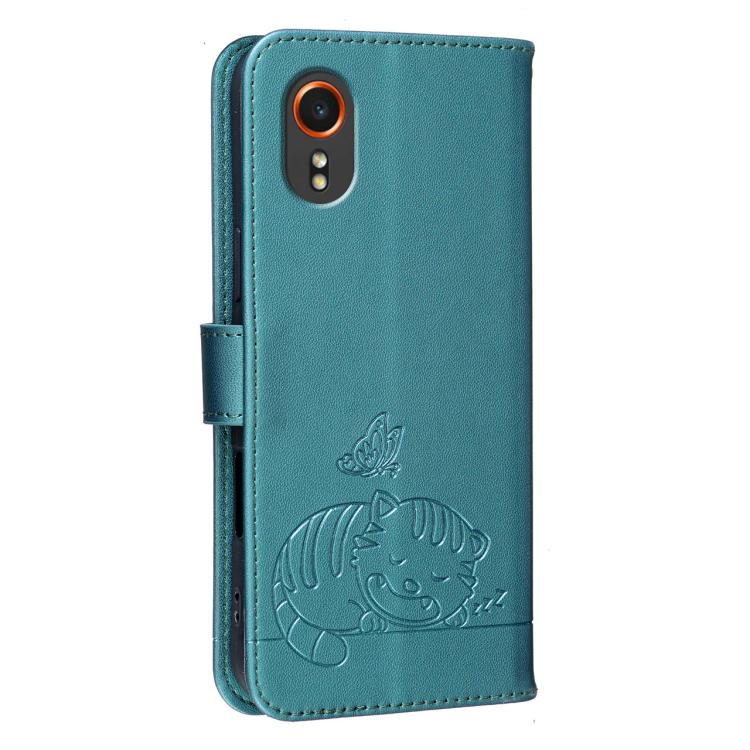 For Galaxy Xcover7 Cat Butterfly Embossed RFID Vegan Leather Phone Case with Strap
