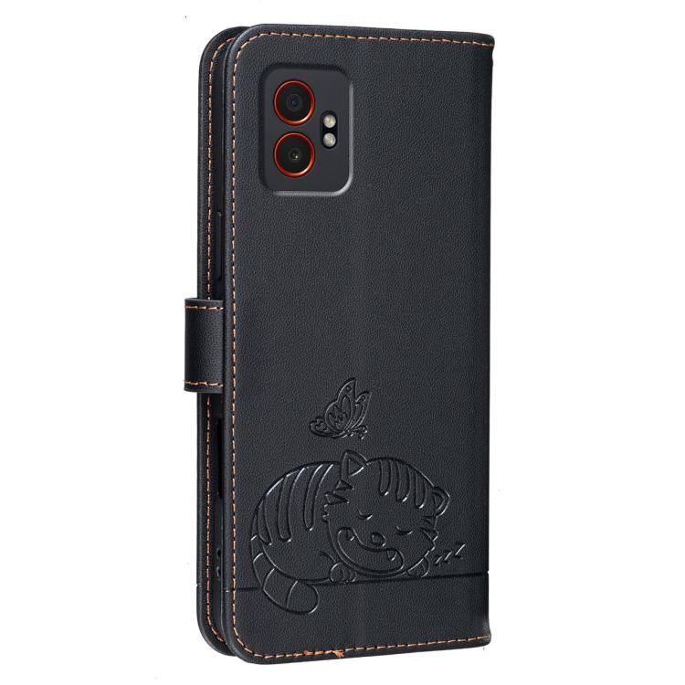 For Galaxy XCover7 Pro Cat Butterfly Embossed RFID Vegan Leather Phone Case with Strap
