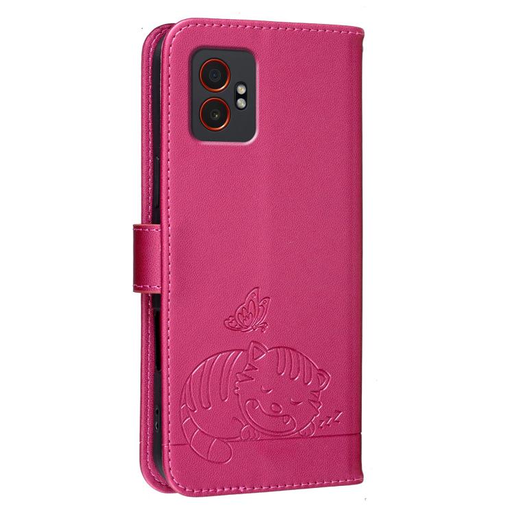 For Galaxy XCover7 Pro Cat Butterfly Embossed RFID Vegan Leather Phone Case with Strap