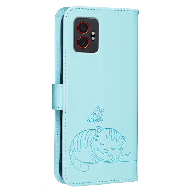 For Galaxy XCover7 Pro Cat Butterfly Embossed RFID Vegan Leather Phone Case with Strap