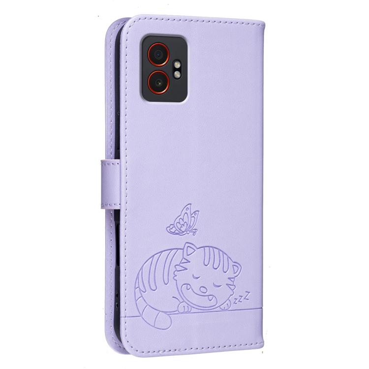 For Galaxy XCover7 Pro Cat Butterfly Embossed RFID Vegan Leather Phone Case with Strap