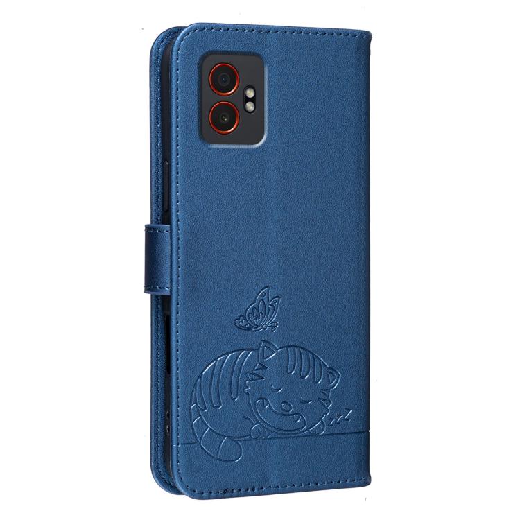 For Galaxy XCover7 Pro Cat Butterfly Embossed RFID Vegan Leather Phone Case with Strap