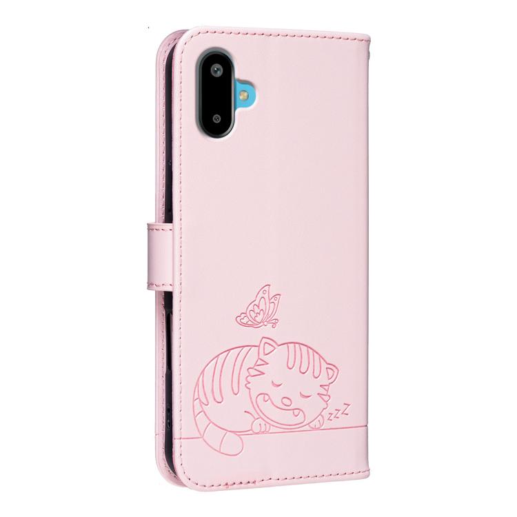 For Galaxy F06 5G Cat Butterfly Embossed RFID Vegan Leather Phone Case with Strap
