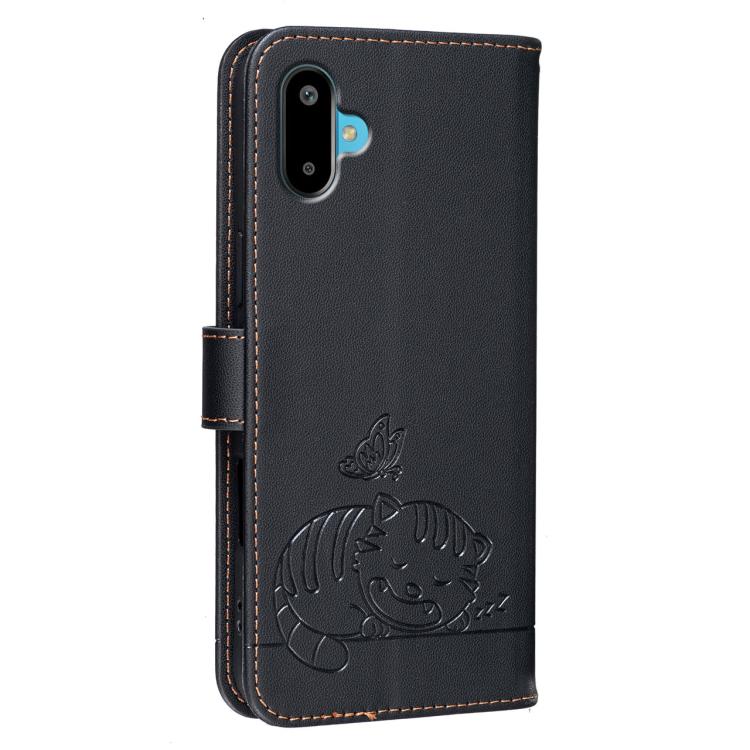 For Galaxy F06 5G Cat Butterfly Embossed RFID Vegan Leather Phone Case with Strap